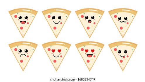 Set of cute cartoon colorful pizza with different emotions. Funny emotions character collection for kids. Fantasy characters. Vector illustrations, cartoon flat style