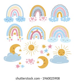 Set of cute cartoon colorful rainbow, cloud, sun and moon. Vector graphics, on white background. For decorating notebooks, packaging, posters, postcards, print for pillow, covers.