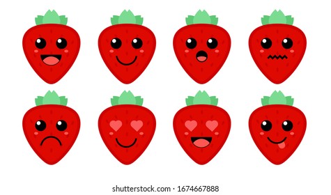 Set of cute cartoon colorful red strawberry fruit with different emotions. Funny emotions character collection for kids. Fantasy characters. Vector illustrations, cartoon flat style