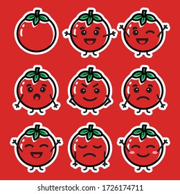 Set of cute cartoon colorful red tomato with different emotions. Funny emotions character collection for kids. Fantasy characters. Vector illustrations, cartoon flat style. You can use for your mascot