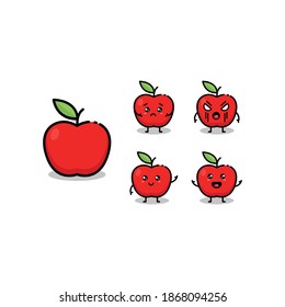 Set of cute cartoon colorful red apple with different emotions. Funny emotions character collection for kids. Fantasy characters. Vector illustrations, cartoon flat style.