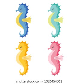 Set of Cute cartoon colorful Sea horse isolated. Seahorse on a white background, vector illustration.