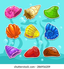 Set of cute cartoon colorful shells, vector illustration