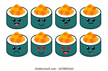 Set of cute cartoon colorful sushi salmon egg with different emotions. Funny emotions character collection for kids. Fantasy characters. Vector illustrations, cartoon flat style