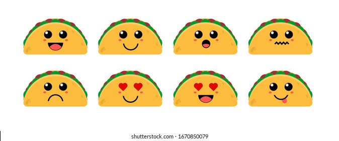 Set of cute cartoon colorful taco with different emotions. Funny emotions character collection for kids. Fantasy characters. Vector illustrations, cartoon flat style