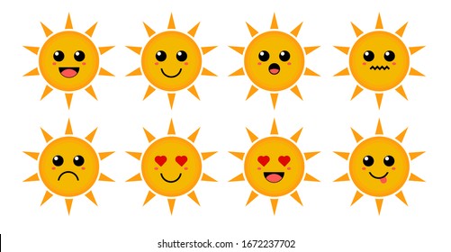 Set of cute cartoon colorful yellow sun with different emotions. Funny emotions character collection for kids. Fantasy characters. Vector illustrations, cartoon flat style