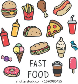 set of cute cartoon colourful doodle style fast food icons including burger, fries, pizza, hotdog, taco, fried chicken, ice cream, donut, coffee, drink, candy and more