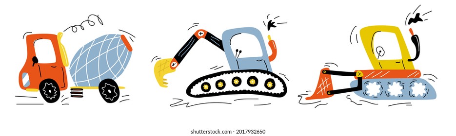 Set of cute, cartoon, construction vehicles. Cement mixer, bulldozer, excavator isolated on white background. Vector illustration of doodle style, hand drawn, design for printing on children's product