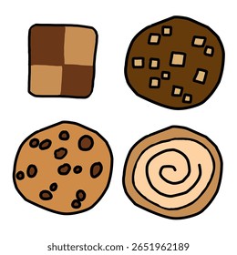 Set of cute cartoon cookies and pastries including cinnamon roll, round cookie, and square cookie. Perfect for dessert-themed content, bakery product designs, children’s prints, and kawaii food art.