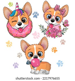 Set of Cute Cartoon Corgi on a white background