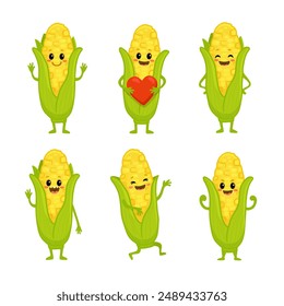 set of Cute cartoon corn characters with emotions. Cute corn cob with smile isolated on white background. Corn in different poses. Vector illustration.