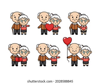 Set of cute cartoon of couple elder in Valentine's Day