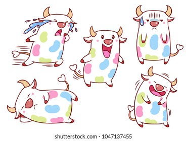 Set of cute cartoon cows with colour spots in different poses.