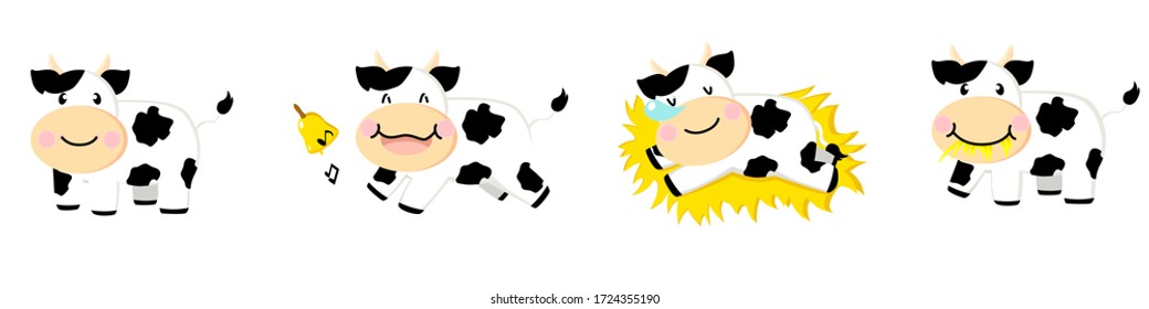 Jóvenes vacas de dibujos animados, bueyes alinean la ilustración con campana y pasto aislados