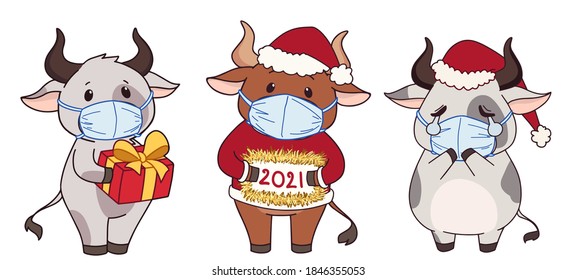 Set of cute cartoon cows wearing medical mask and Christmas costume and holding gift. Hand drawn vector illustration. Isolated on white 