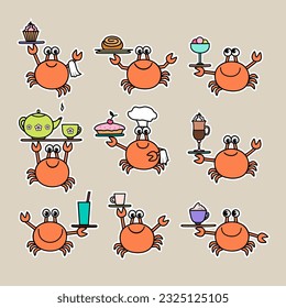 Set of cute cartoon crabs serving drinks and sweets: coffee, espresso, latte, tea in a teapot, cake, bun, pie, ice cream. vector illustration. Collection of waiters character  animals. Stickers.  