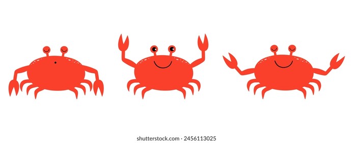 Set of cute cartoon crabs: sleeping, meditating, cheerful wakeful. Vector illustration.
