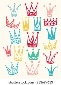 Set of cute cartoon crowns. Hand drawing vector background. Pastel color. Vector illustration.