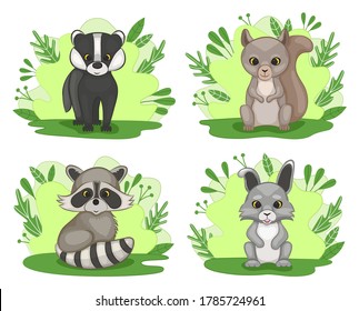 Set of cute cartoon cubs of forest animals. Badger, squirrel, raccoon and hare. Cartoon style. Vector illustration.