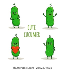 set of Cute cartoon cucumber characters with emotions. Cute cucumber with smile isolated on white background. Cucumber in different poses. Vector illustration.