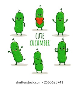 set of cute cartoon cucumber  with emotions. Cute vegetable with smile isolated on white background. Cucumber in different poses. Vector illustration.
