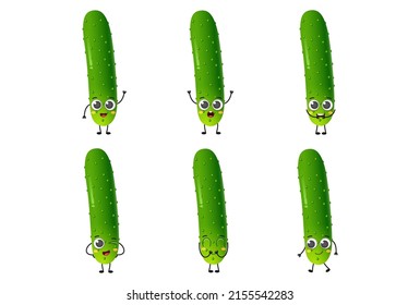 Set of cute cartoon cucumber vegetables vector character set isolated on white background