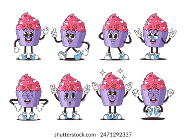 Conjunto De Personajes Lindos De Cupcake De Dibujos Animados Con Varias Expresiones Y Poses. Vector Muffin Personajes Tienen Escarcha Rosa