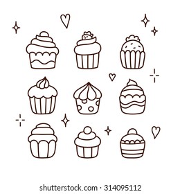 Set Of Cute Cartoon Cupcake Doodles. Hand Drawn Line Art.