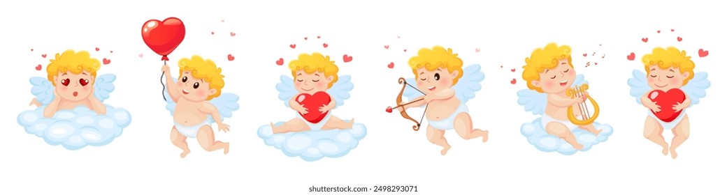 Conjunto de lindos Cupido de dibujos animados en diferentes poses. Ilustración para un día de San Valentín