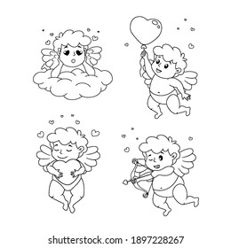 Set of cute cartoon Cupids. Illustration for a Valentine's Day. Black and white vector illustration for coloring book