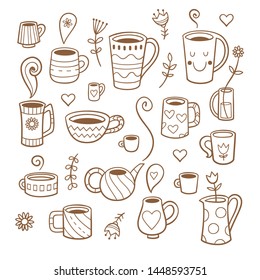 Set with cute cartoon cups and plants. Group of various dishes. Vector contour image no fill. 