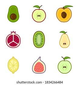 Set of cute cartoon cut fruit icons. The set includes - apples, pears, figs, avocados, lemon and others. Isolated vector on white background.