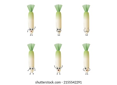 Set of cute cartoon daikon vegetables vector character set isolated on white background