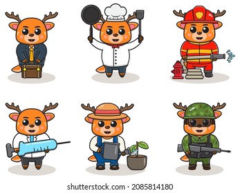 Set of Cute Cartoon Deer isolated on a white background. Vector illustration with cute Deer of different professions. cute job Animal cartoon bundle set.