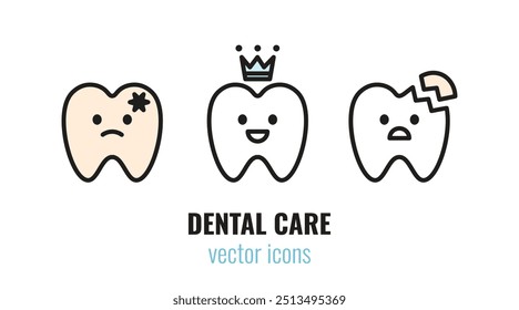 Conjunto de iconos de cuidado dental de dibujos animados lindos. Diente con caries, diente sano con corona, diente astillado. Ilustración vectorial	