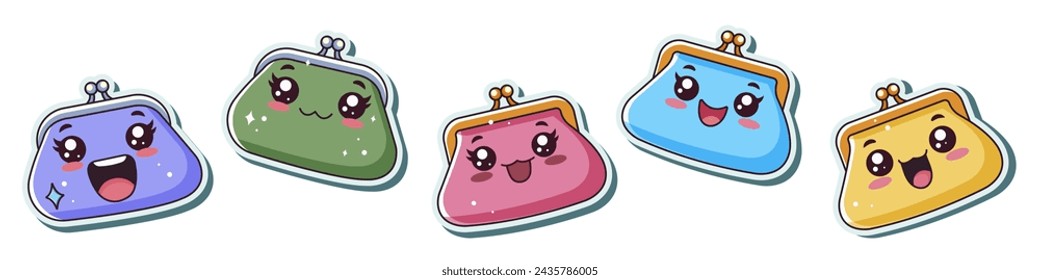 Set of cute cartoon design sticker with funny purse, smiling emoticons. Collection of purple, green, pink, blue, yellow wallets. Isolated on white background. Vector illustration