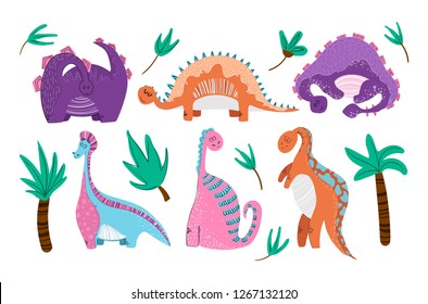 Set of Cute cartoon dino in scandinavian style, isolated elements on white background, vector illustration for children, nursery poster, print for clothes, greeting cards