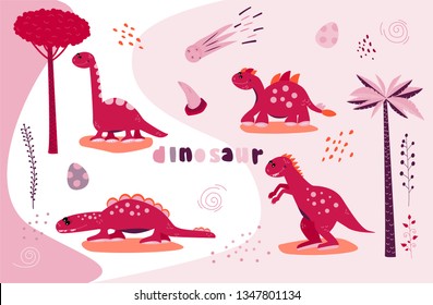 Set of cute cartoon dinosaur characters. Print for children's t-shirts, sweaters. Greeting card. Stickers Vector Illustration