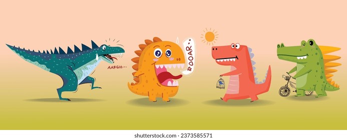 Set of cute cartoon dinosaur, crocodile prehistoric animal character vector illustration.