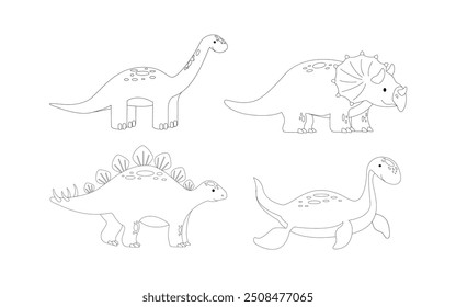 Set of cute cartoon dinosaur outlines diplodocus, plesiosaurus, triceratops, stegosaurus. Prehistoric animals for kids