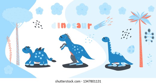 Set of cute cartoon dinosaur. Print for children's t-shirts, sweaters. Greeting card. Vector Illustration
