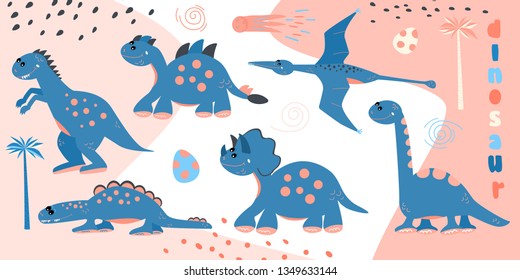 Set of cute cartoon dinosaur. Print for children's t-shirts, sweaters. Greeting card. Vector Illustration