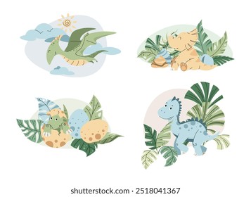 Set of Cute cartoon dinosaurs among tropical plants. Ancient lizard in flat style. Children s illustration of baby dino for design of clothes, wallpaper, greeting cards, etc.