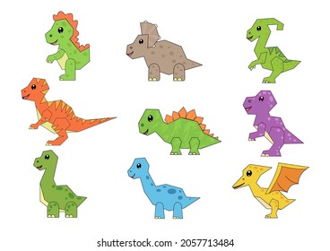 Set of cute cartoon dinosaurs. Collection funny animal characters. Vector illustration.