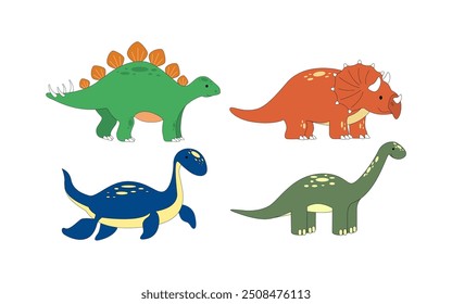 Set of cute cartoon dinosaurs diplodocus, plesiosaurus, triceratops, stegosaurus. Prehistoric animals for kids