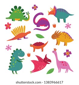 Set of cute cartoon dinosaurs, funny smiling dino collection for children. Hand drawn triceratops, t rex, pterodactyl and other extinct animals isolated on white background, vector illustration