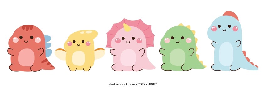 Set of cute cartoon dinosaurs hand drawn on white background.Animals collection.Kid graphic.Art.Isolated.Kawaii.Vector.Illustration.