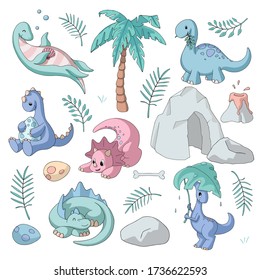 Set of cute cartoon dinosaurs (herbivores and swimming) and jurassic elements (volcano, cave, eggs, tropical leaves). Pastel colors. Isolated objects on white background for kids products.