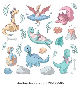 Set of cute cartoon dinosaurs (herbivores, flying and swimming, predators) and jurassic elements. Pastel colors. Vector illustration. Isolated objects on white background for kids products.