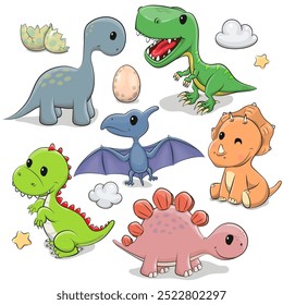 Set of Cute Cartoon dinosaurs isolated on a white background